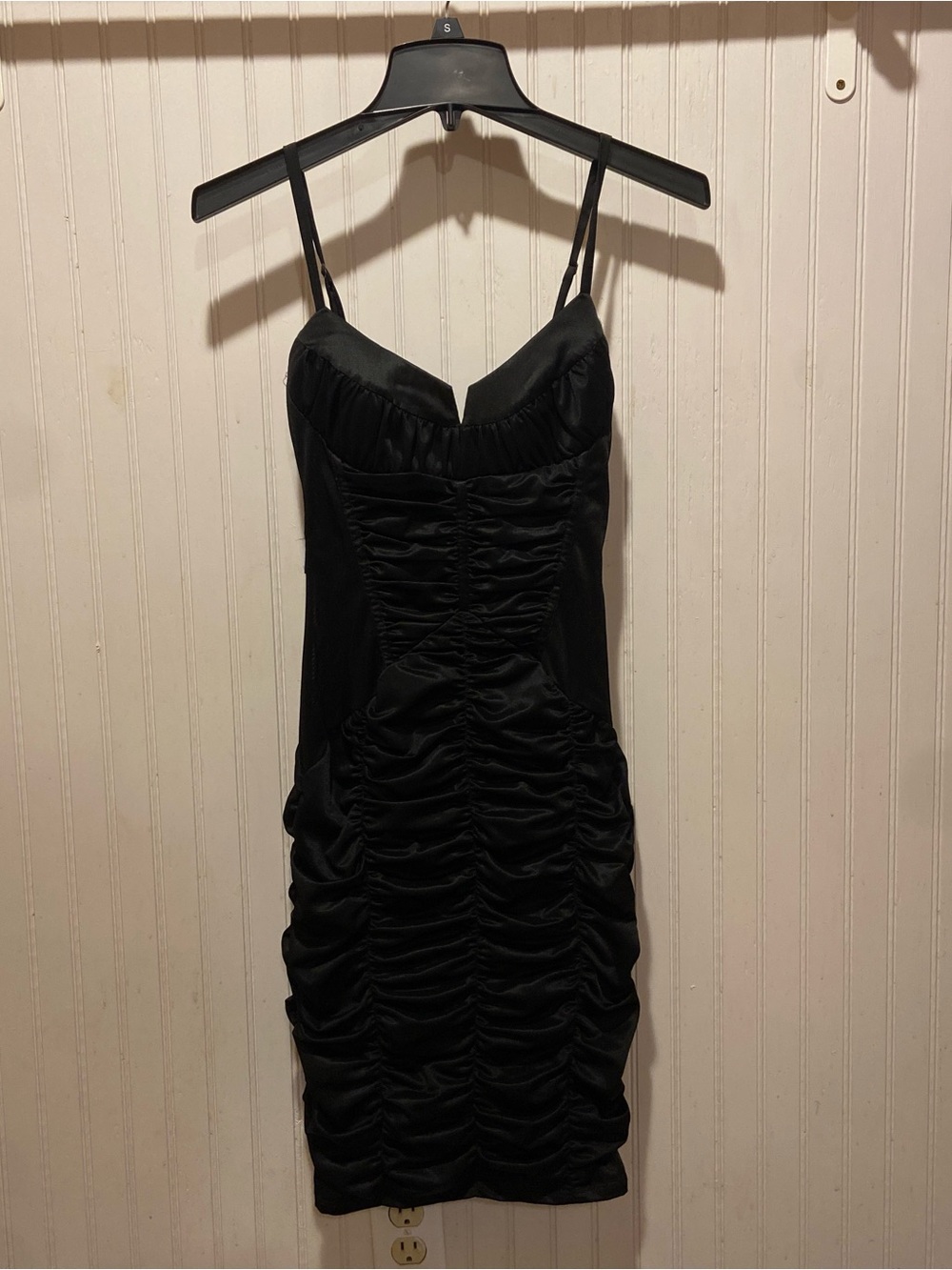 bebe Black Ruched Satin Slip Dress with Sweetheart Neckline